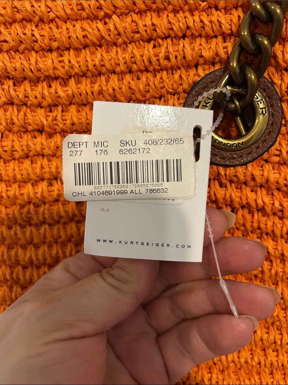 NWT- Kurt Geiger Handwoven Straw Orange Leather and Chain-Handle Tote Bag - Picture 3 of 5